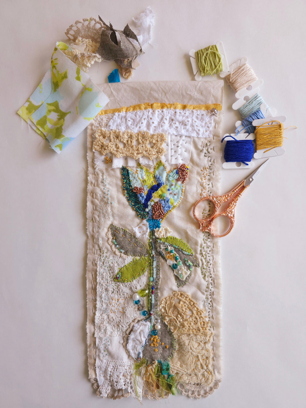 Stitched Stories/ painted and stitched wall hanging/ vintage bloom 1