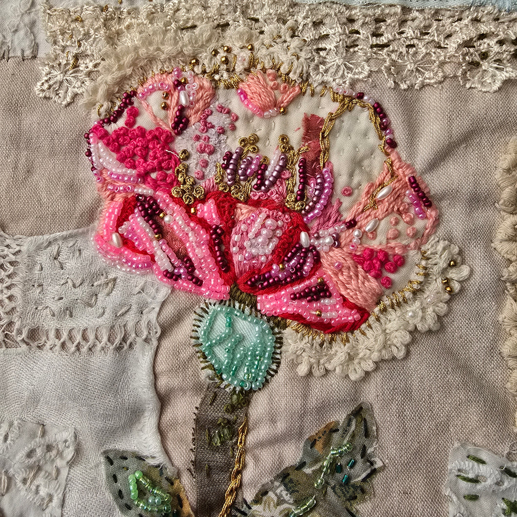 Stitched Stories/ painted and stitched wall hanging/ vintage bloom pink 2